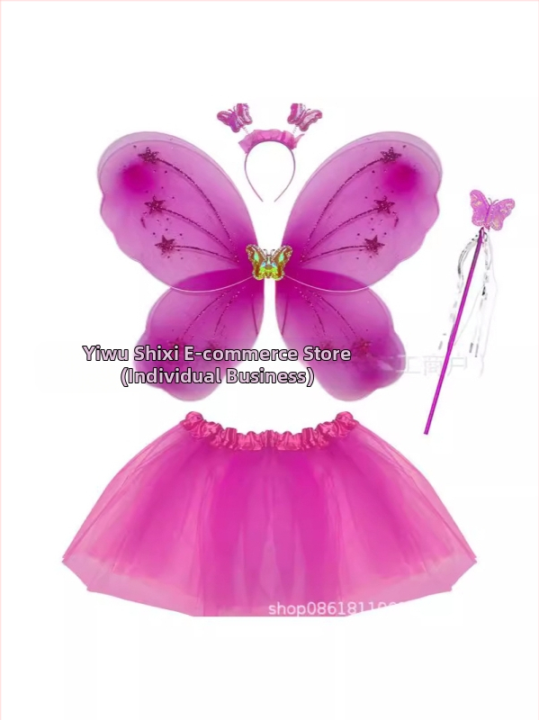 Детски сценичен танцов костюм: четири части с крила на пеперуда, аксесоар за глава и магическа пръчка; материя найлон; за деца 3–8 г.; подходящ за модерни и латин танци