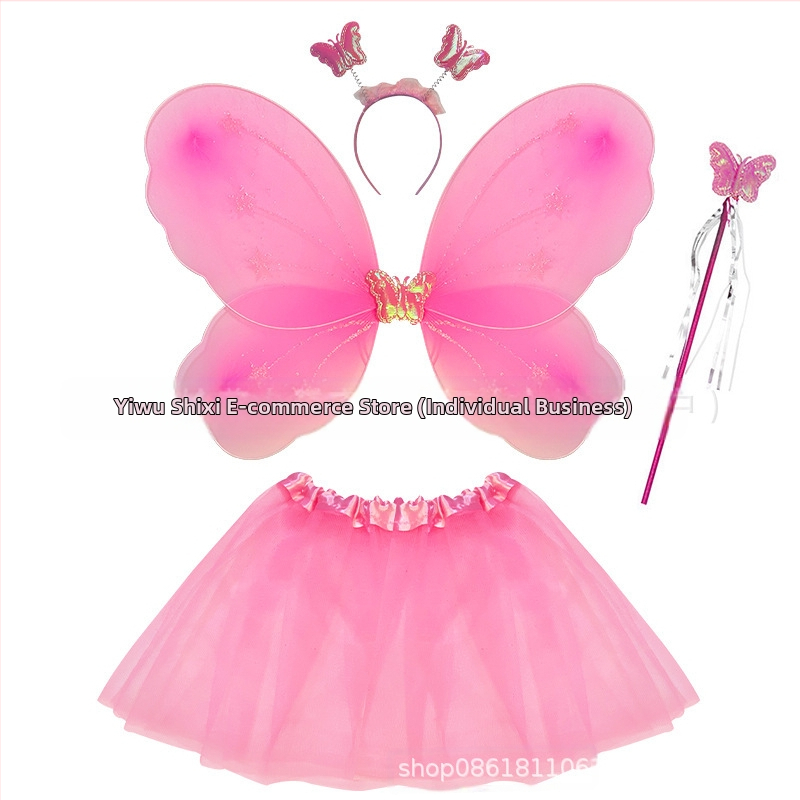 Детски сценичен танцов костюм: четири части с крила на пеперуда, аксесоар за глава и магическа пръчка; материя найлон; за деца 3–8 г.; подходящ за модерни и латин танци