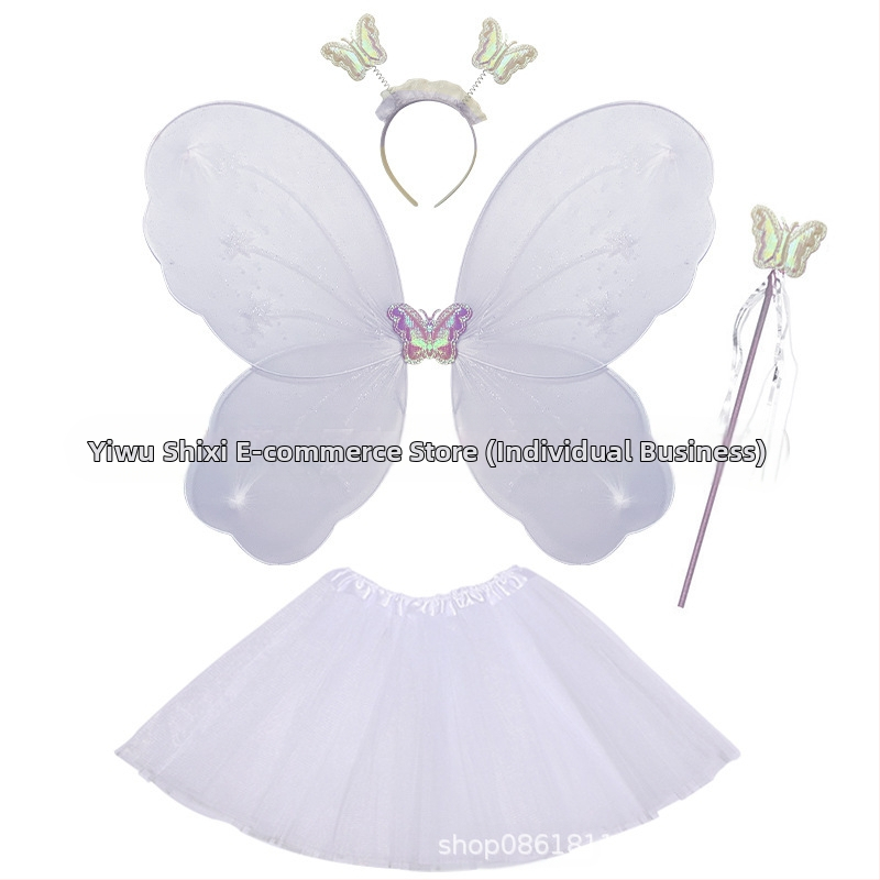 Детски сценичен танцов костюм: четири части с крила на пеперуда, аксесоар за глава и магическа пръчка; материя найлон; за деца 3–8 г.; подходящ за модерни и латин танци
