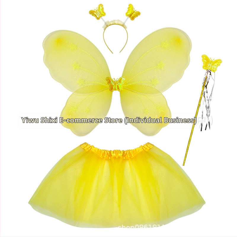 Детски сценичен танцов костюм: четири части с крила на пеперуда, аксесоар за глава и магическа пръчка; материя найлон; за деца 3–8 г.; подходящ за модерни и латин танци