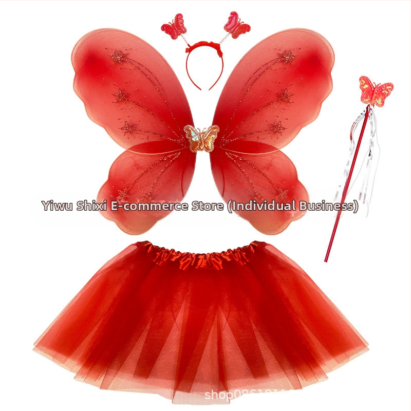 Детски сценичен танцов костюм: четири части с крила на пеперуда, аксесоар за глава и магическа пръчка; материя найлон; за деца 3–8 г.; подходящ за модерни и латин танци