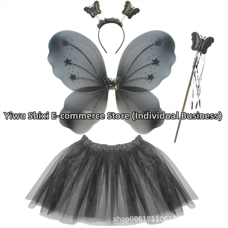 Детски сценичен танцов костюм: четири части с крила на пеперуда, аксесоар за глава и магическа пръчка; материя найлон; за деца 3–8 г.; подходящ за модерни и латин танци