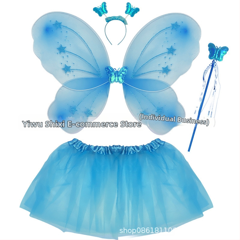 Детски сценичен танцов костюм: четири части с крила на пеперуда, аксесоар за глава и магическа пръчка; материя найлон; за деца 3–8 г.; подходящ за модерни и латин танци