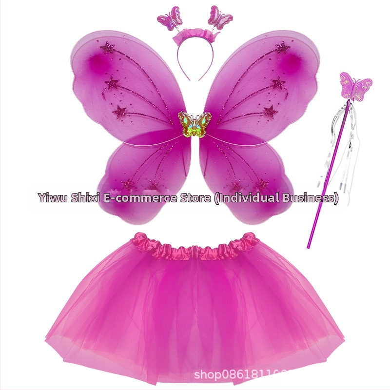 Детски сценичен танцов костюм: четири части с крила на пеперуда, аксесоар за глава и магическа пръчка; материя найлон; за деца 3–8 г.; подходящ за модерни и латин танци