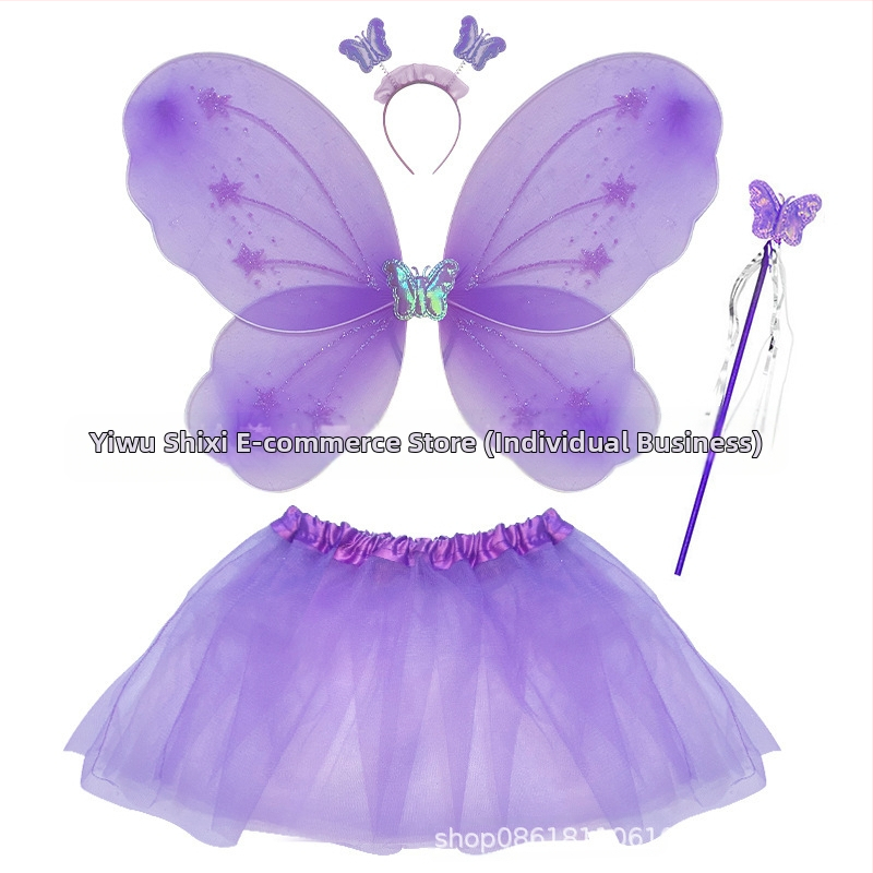 Детски сценичен танцов костюм: четири части с крила на пеперуда, аксесоар за глава и магическа пръчка; материя найлон; за деца 3–8 г.; подходящ за модерни и латин танци