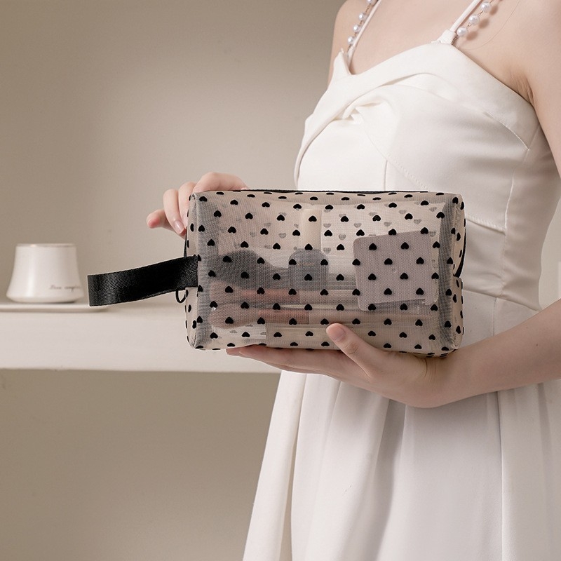 Kosmetikos krepšys su tinklinio dizainu ir užtrauktuku, kvėpuojantis PU išorinis paviršius, nailoninė vidinė įdėklas, unisex, kasdieniam naudojimui, miesto minimalistinis stilius