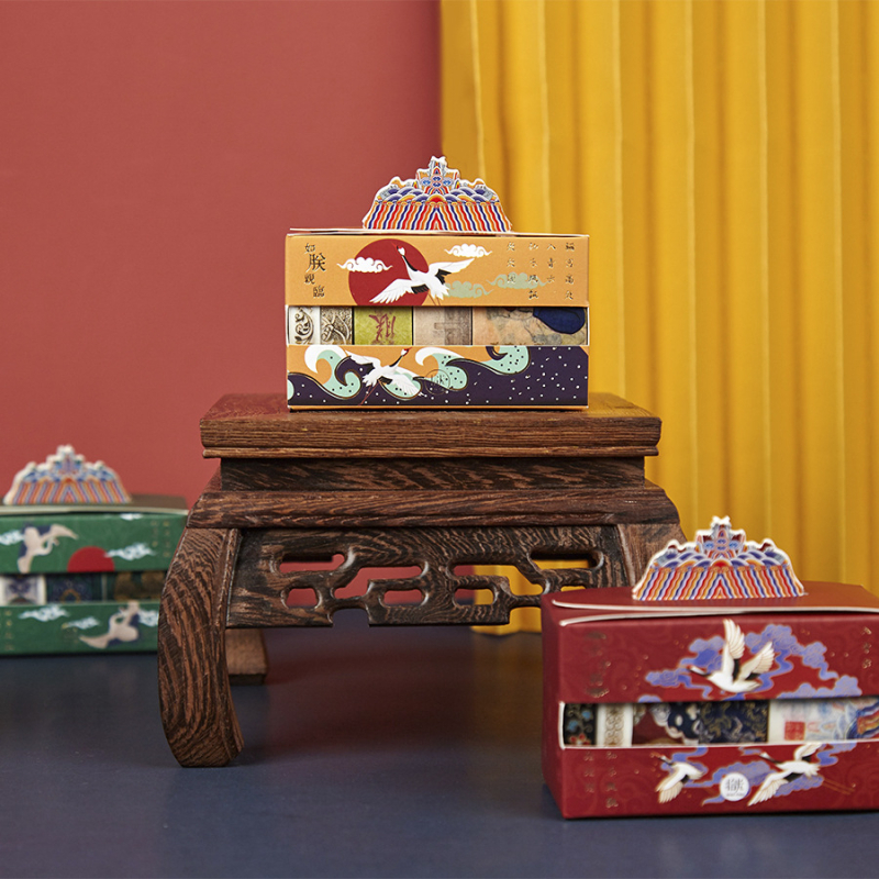 Kinų stiliaus washi lipdukų rinkinys mažoje dovanų dėžutėje, Rytų rūmų serija, spalvingi raštai, Uždraustojo miesto lobiai, folijos lipdukai