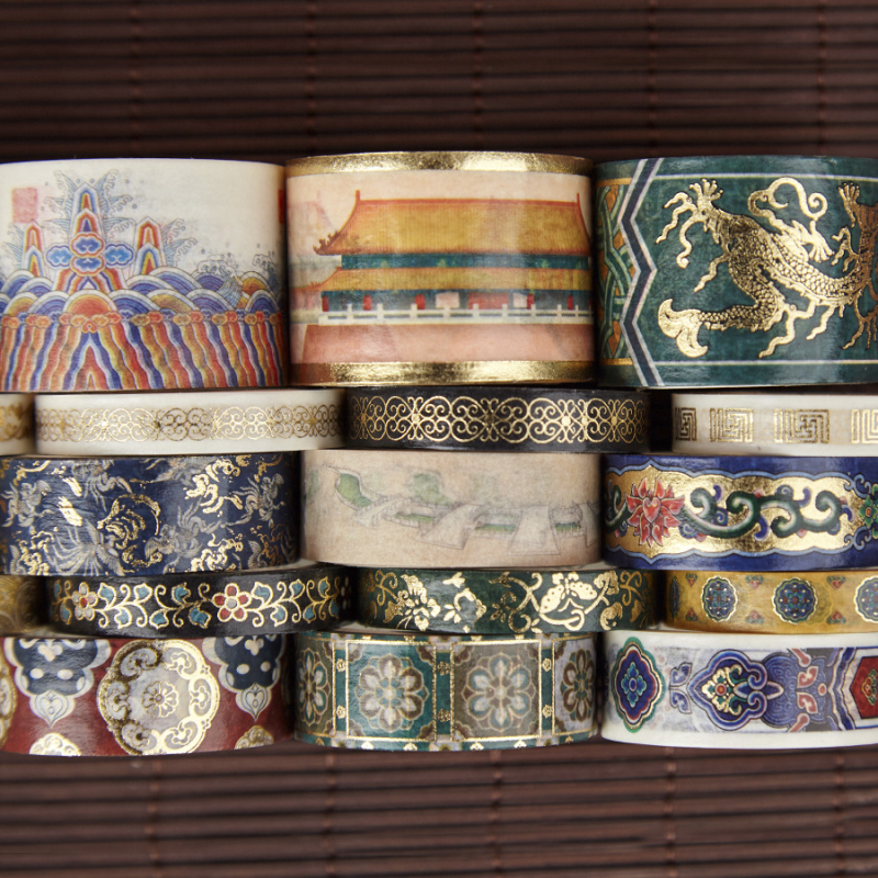 Kinų stiliaus washi lipdukų rinkinys mažoje dovanų dėžutėje, Rytų rūmų serija, spalvingi raštai, Uždraustojo miesto lobiai, folijos lipdukai