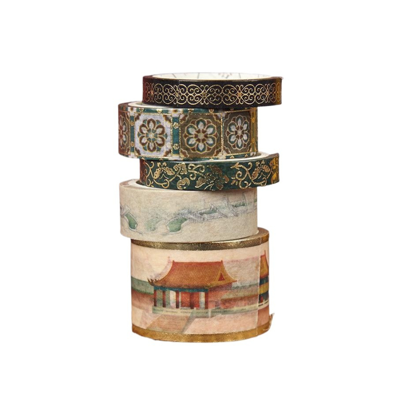 Kinų stiliaus washi lipdukų rinkinys mažoje dovanų dėžutėje, Rytų rūmų serija, spalvingi raštai, Uždraustojo miesto lobiai, folijos lipdukai