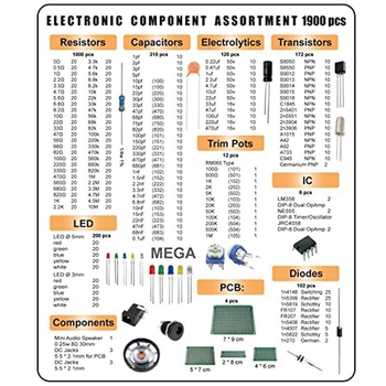 Elektroninių komponentų rinkinys: 1900 vienetų kondensatorių, rezistorių, diodų, LED ir tranzistorių