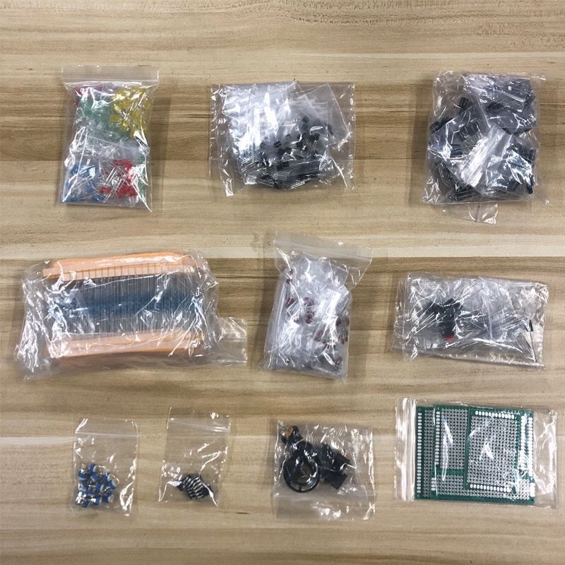 Elektroninių komponentų rinkinys: 1900 vienetų kondensatorių, rezistorių, diodų, LED ir tranzistorių