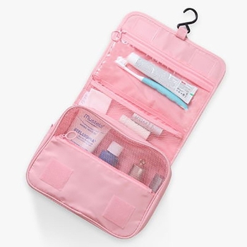 Kabantis kelioninis kosmetikos maišelis su kabliu, kubo formos Twill audinys, kosmetikai ir higienai (kubo forma, Twill audinys, saugus uždarymas)