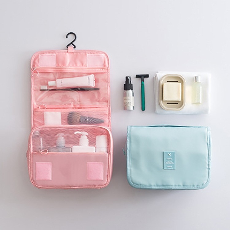 Kabantis kelioninis kosmetikos maišelis su kabliu, kubo formos Twill audinys, kosmetikai ir higienai (kubo forma, Twill audinys, saugus uždarymas)