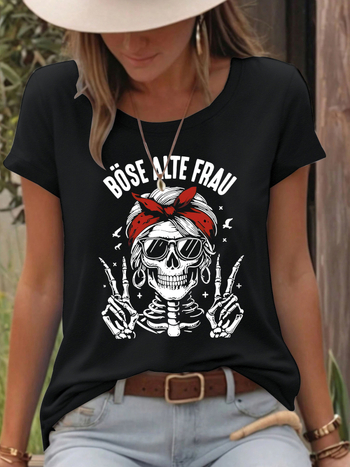 Moterų marškinėliai su kaukolės spauda, poliesterio–medvilnės mišinys (50–70% poliesterio, 30–50% medvilnės), trumpomis rankovėmis, apvalus kaklo iškirptė, vidutinio ilgio.