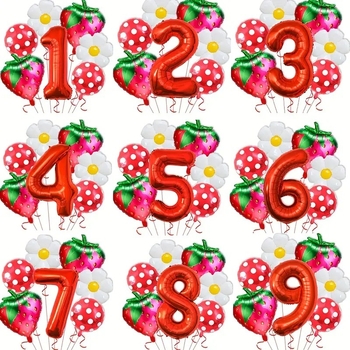 Aliuminio plėvelės dekoratyviniai balionai — apvalūs, dizainas su raudonomis braškėmis ir margaretėmis su raudonomis taškeliais, be logotipo