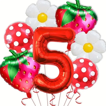 Aliuminio plėvelės dekoratyviniai balionai — apvalūs, dizainas su raudonomis braškėmis ir margaretėmis su raudonomis taškeliais, be logotipo