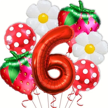 Aliuminio plėvelės dekoratyviniai balionai — apvalūs, dizainas su raudonomis braškėmis ir margaretėmis su raudonomis taškeliais, be logotipo