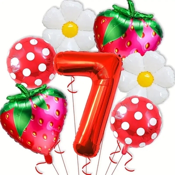 Aliuminio plėvelės dekoratyviniai balionai — apvalūs, dizainas su raudonomis braškėmis ir margaretėmis su raudonomis taškeliais, be logotipo