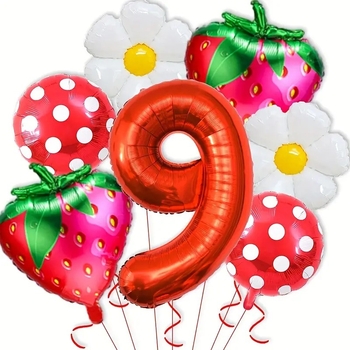 Aliuminio plėvelės dekoratyviniai balionai — apvalūs, dizainas su raudonomis braškėmis ir margaretėmis su raudonomis taškeliais, be logotipo