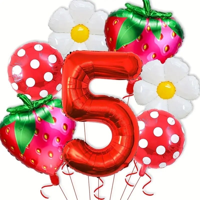 Aliuminio plėvelės dekoratyviniai balionai — apvalūs, dizainas su raudonomis braškėmis ir margaretėmis su raudonomis taškeliais, be logotipo