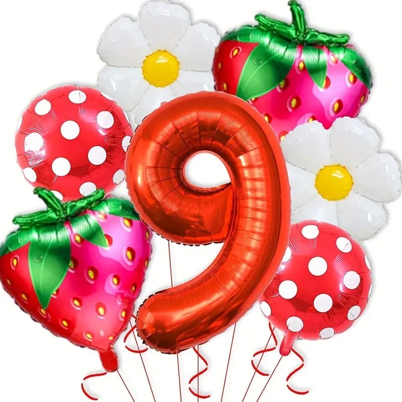 Aliuminio plėvelės dekoratyviniai balionai — apvalūs, dizainas su raudonomis braškėmis ir margaretėmis su raudonomis taškeliais, be logotipo