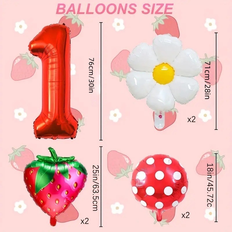 Aliuminio plėvelės dekoratyviniai balionai — apvalūs, dizainas su raudonomis braškėmis ir margaretėmis su raudonomis taškeliais, be logotipo