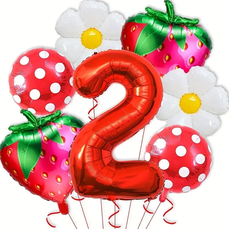 Aliuminio plėvelės dekoratyviniai balionai — apvalūs, dizainas su raudonomis braškėmis ir margaretėmis su raudonomis taškeliais, be logotipo