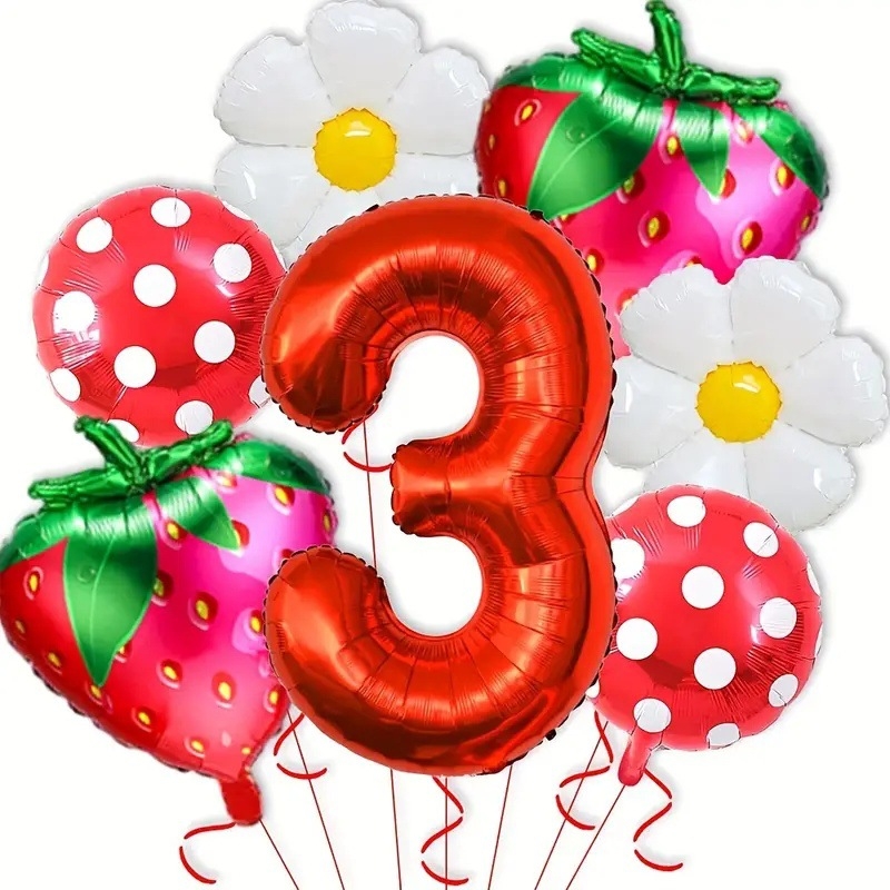 Aliuminio plėvelės dekoratyviniai balionai — apvalūs, dizainas su raudonomis braškėmis ir margaretėmis su raudonomis taškeliais, be logotipo