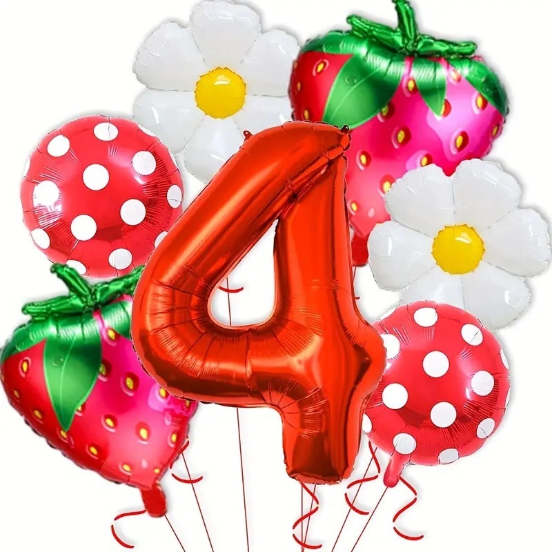 Aliuminio plėvelės dekoratyviniai balionai — apvalūs, dizainas su raudonomis braškėmis ir margaretėmis su raudonomis taškeliais, be logotipo