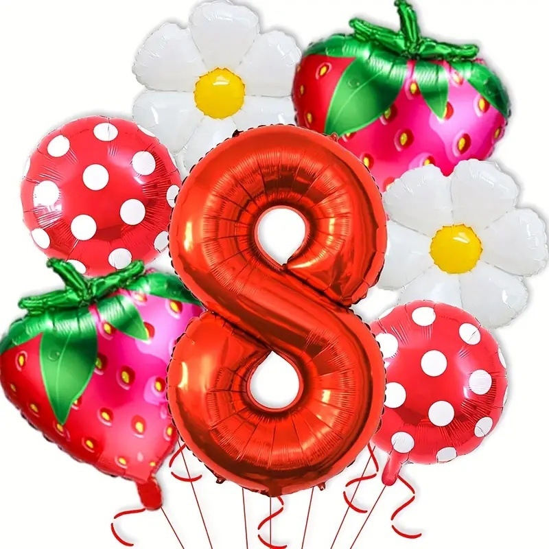 Aliuminio plėvelės dekoratyviniai balionai — apvalūs, dizainas su raudonomis braškėmis ir margaretėmis su raudonomis taškeliais, be logotipo