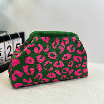 Λεοπάρ πλεκτή γυναικεία τσάντα χέρι με μαγνητικό κλείσιμο, Άνοιξη 2025, οριζόντια τετράγωνη τρισδιάστατη υφαντή τσάντα, πολυεστερικό σώμα και επένδυση, εσωτερική θήκη για κινητό