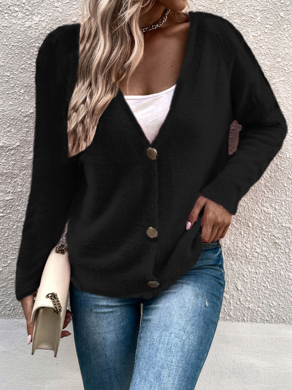 Ženski cardigan- pulover s materijalom imitacije mink dlake, mješavina viskoze, V-izrez, širokog kroja, duljina 50–65 cm