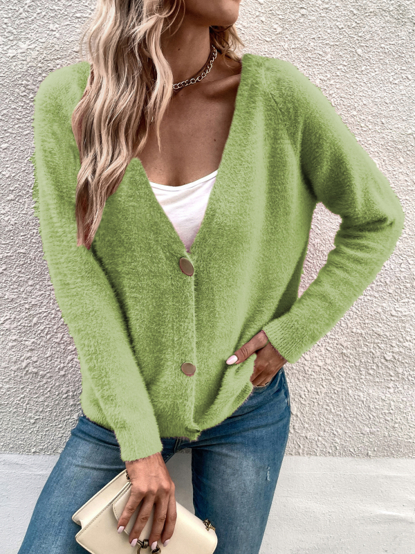 Ženski cardigan- pulover s materijalom imitacije mink dlake, mješavina viskoze, V-izrez, širokog kroja, duljina 50–65 cm