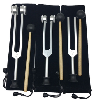 Alumíniumötvözet tuning fork készlet: 128 Hz, 256 Hz és 512 Hz, háromszög állvánnyal vagy alapzattal, Baiyao