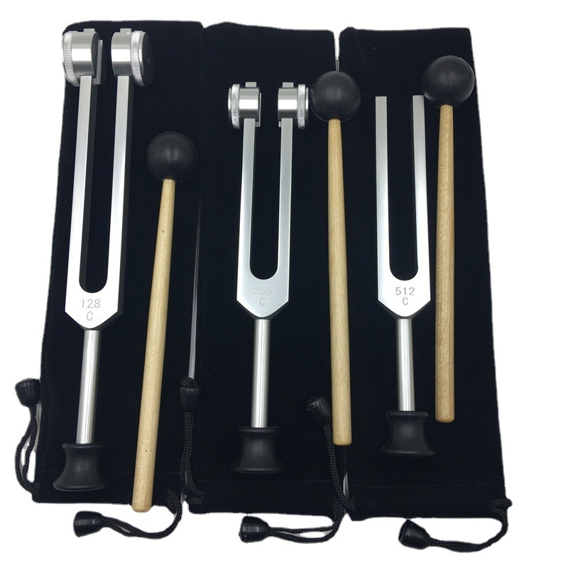 Set de furci de calibrare din aliaj de aluminiu: 128 Hz, 256 Hz și 512 Hz, cu suport triunghiular sau bază, Baiyao