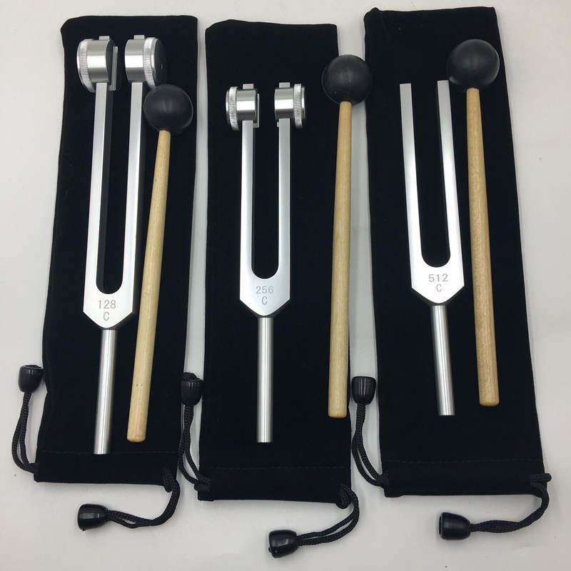 Alumíniumötvözet tuning fork készlet: 128 Hz, 256 Hz és 512 Hz, háromszög állvánnyal vagy alapzattal, Baiyao