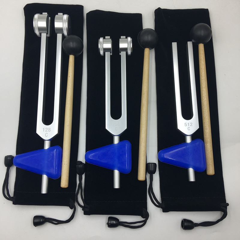Alumíniumötvözet tuning fork készlet: 128 Hz, 256 Hz és 512 Hz, háromszög állvánnyal vagy alapzattal, Baiyao