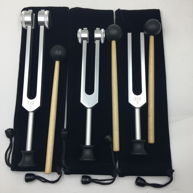 Alumíniumötvözet tuning fork készlet: 128 Hz, 256 Hz és 512 Hz, háromszög állvánnyal vagy alapzattal, Baiyao