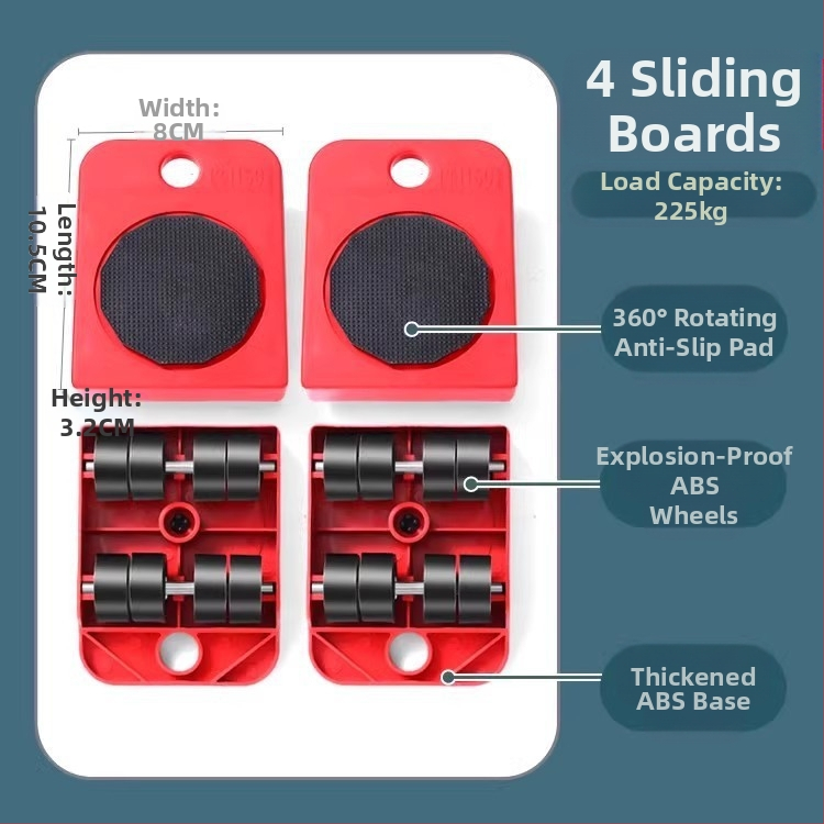 Költöztető eszköz háztartási gépek és bútorok számára — szénacél; egyszerű és modern design; alkalmas mosógépek, hűtőszekrények, kávéasztalok és ágyak mozgatására; ideális konyha, hálószoba és nappali használatra.