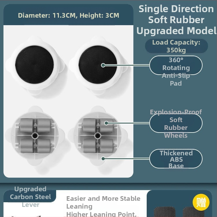 Költöztető eszköz háztartási gépek és bútorok számára — szénacél; egyszerű és modern design; alkalmas mosógépek, hűtőszekrények, kávéasztalok és ágyak mozgatására; ideális konyha, hálószoba és nappali használatra.