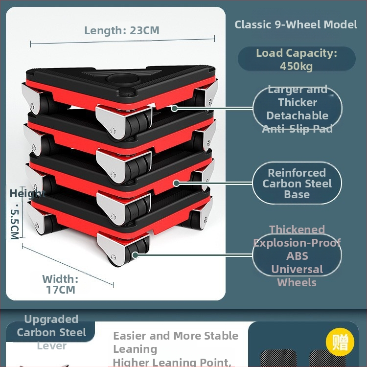 Költöztető eszköz háztartási gépek és bútorok számára — szénacél; egyszerű és modern design; alkalmas mosógépek, hűtőszekrények, kávéasztalok és ágyak mozgatására; ideális konyha, hálószoba és nappali használatra.