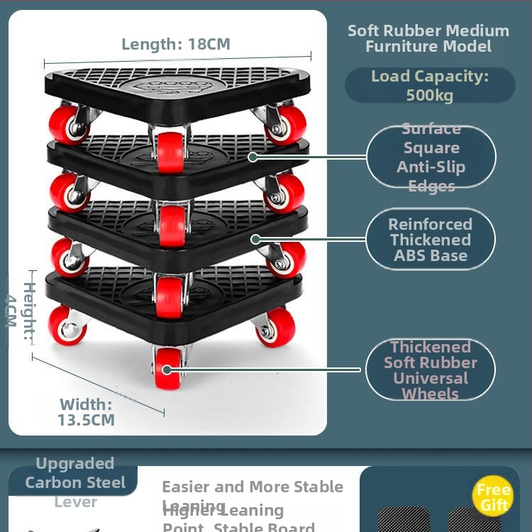 Költöztető eszköz háztartási gépek és bútorok számára — szénacél; egyszerű és modern design; alkalmas mosógépek, hűtőszekrények, kávéasztalok és ágyak mozgatására; ideális konyha, hálószoba és nappali használatra.