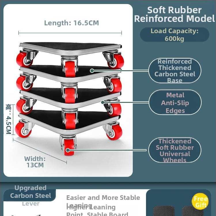 Költöztető eszköz háztartási gépek és bútorok számára — szénacél; egyszerű és modern design; alkalmas mosógépek, hűtőszekrények, kávéasztalok és ágyak mozgatására; ideális konyha, hálószoba és nappali használatra.