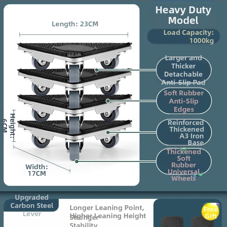 Költöztető eszköz háztartási gépek és bútorok számára — szénacél; egyszerű és modern design; alkalmas mosógépek, hűtőszekrények, kávéasztalok és ágyak mozgatására; ideális konyha, hálószoba és nappali használatra.