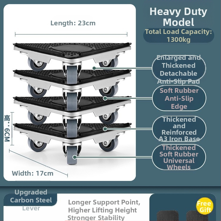 Költöztető eszköz háztartási gépek és bútorok számára — szénacél; egyszerű és modern design; alkalmas mosógépek, hűtőszekrények, kávéasztalok és ágyak mozgatására; ideális konyha, hálószoba és nappali használatra.