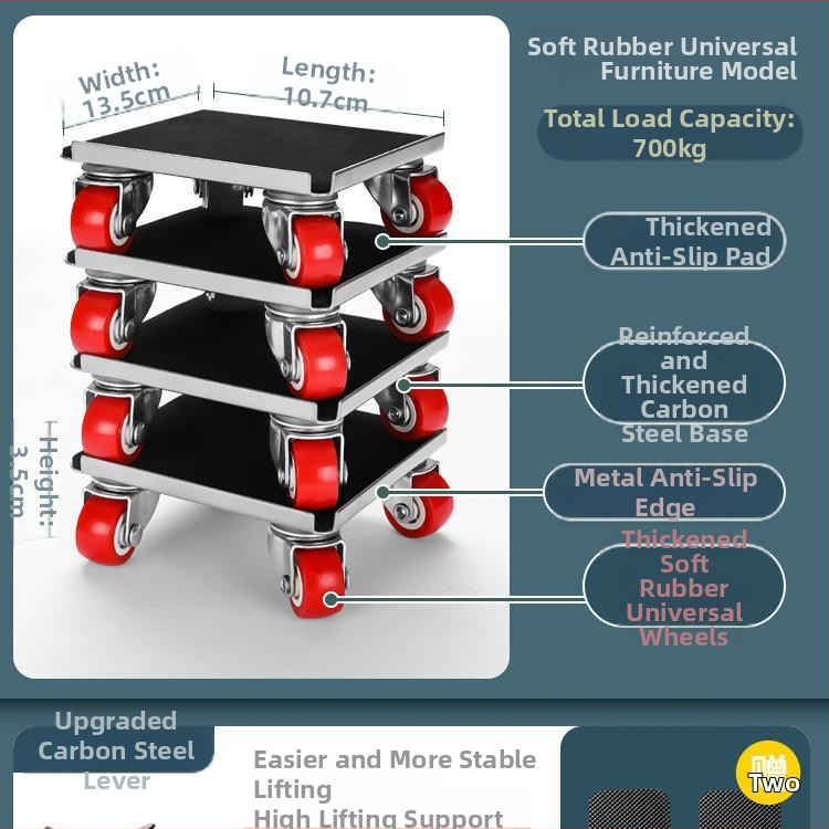 Költöztető eszköz háztartási gépek és bútorok számára — szénacél; egyszerű és modern design; alkalmas mosógépek, hűtőszekrények, kávéasztalok és ágyak mozgatására; ideális konyha, hálószoba és nappali használatra.
