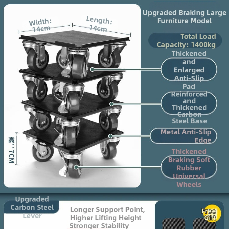 Költöztető eszköz háztartási gépek és bútorok számára — szénacél; egyszerű és modern design; alkalmas mosógépek, hűtőszekrények, kávéasztalok és ágyak mozgatására; ideális konyha, hálószoba és nappali használatra.