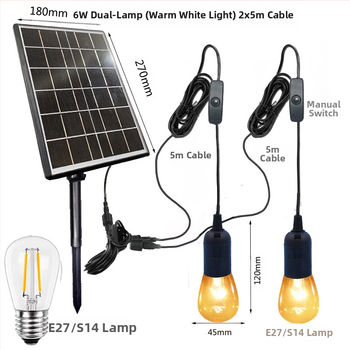 Ηλιακή λαμπτήρας κήπου με διαχωρισμένο σύστημα 1 προς 2, LED, 5W, 6V, IP44, διάρκεια φωτισμού 6–12 ωρών