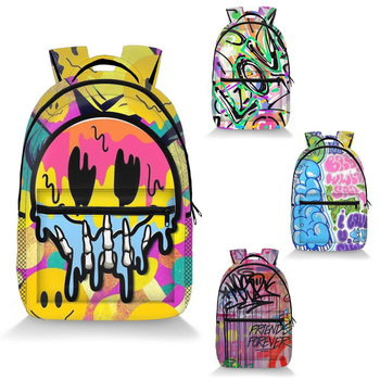 Graffiti mintás hátizsák poliészterből, légpárnás vállpántokkal, terheléscsökkentés és gerincvédelmet, középiskolás diákok számára