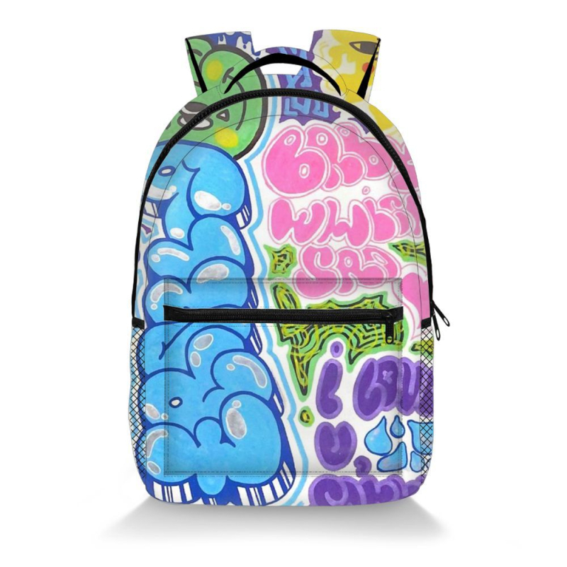Graffiti mintás hátizsák poliészterből, légpárnás vállpántokkal, terheléscsökkentés és gerincvédelmet, középiskolás diákok számára